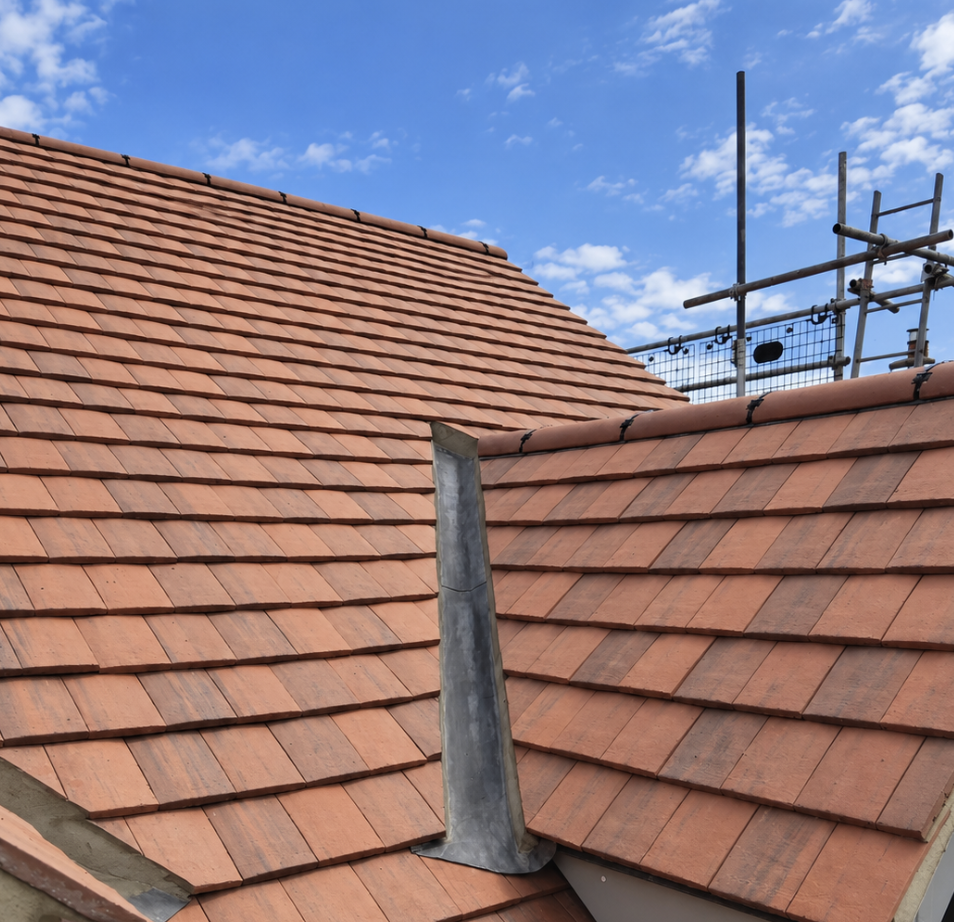 Terracotta tiled roof with a new lead valley flashing between two roof slopes
