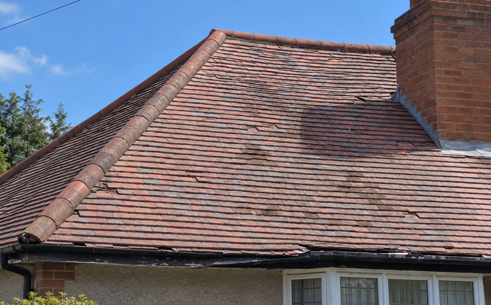 Weathered clay tiled roof with a chimney and mortar-bedded hip tiles