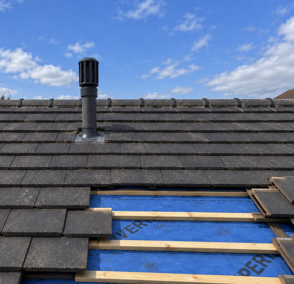 Tiles lifted to expose the membrane and battens while a leak is traced