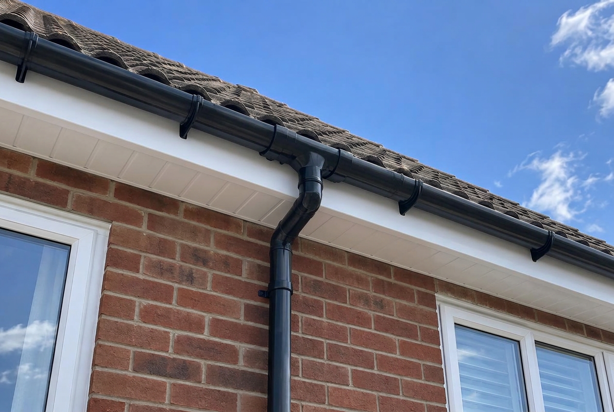 White fascia and plain soffit boards with black gutter and downpipe