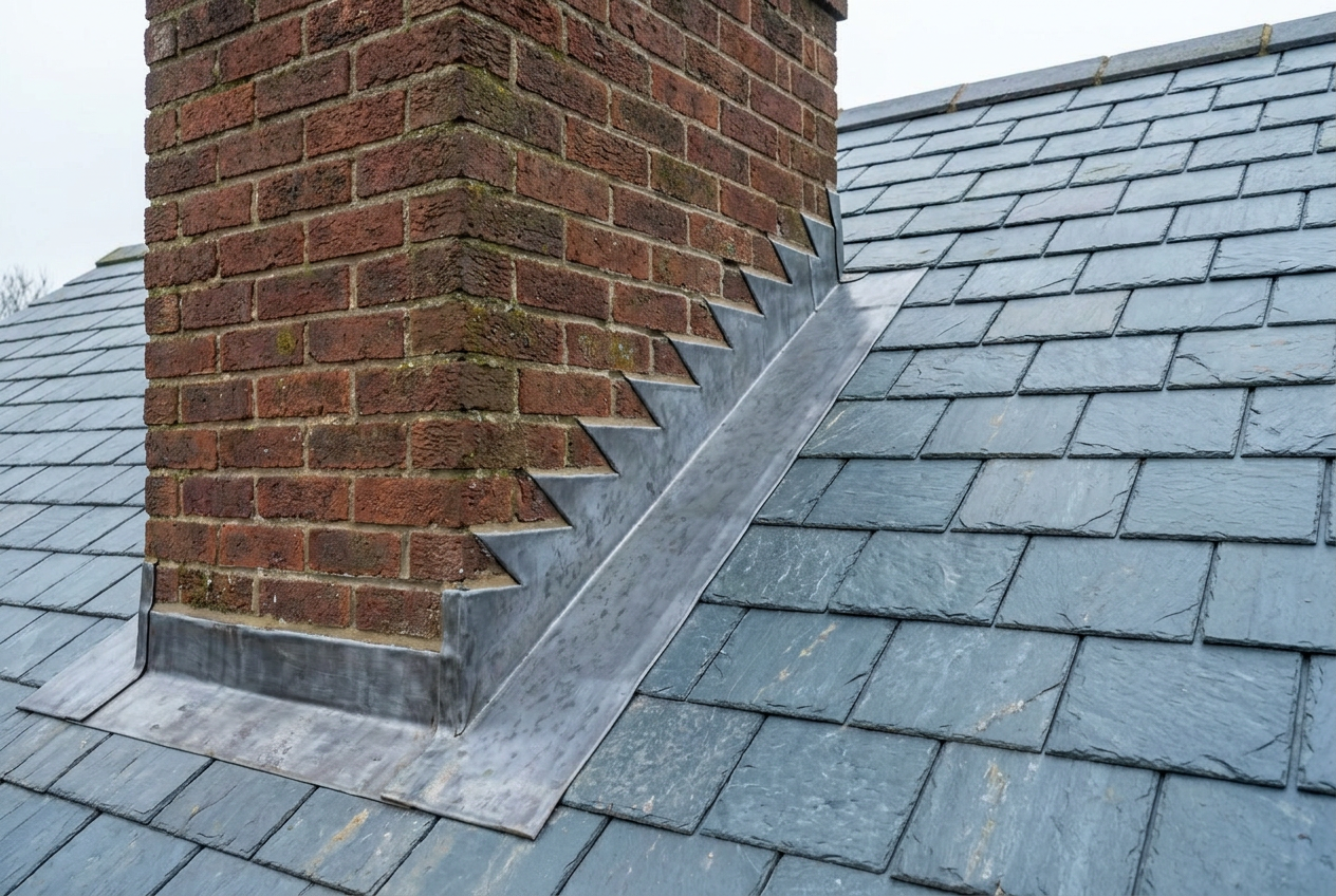 Roofer dressing new lead step flashing on a brick chimney